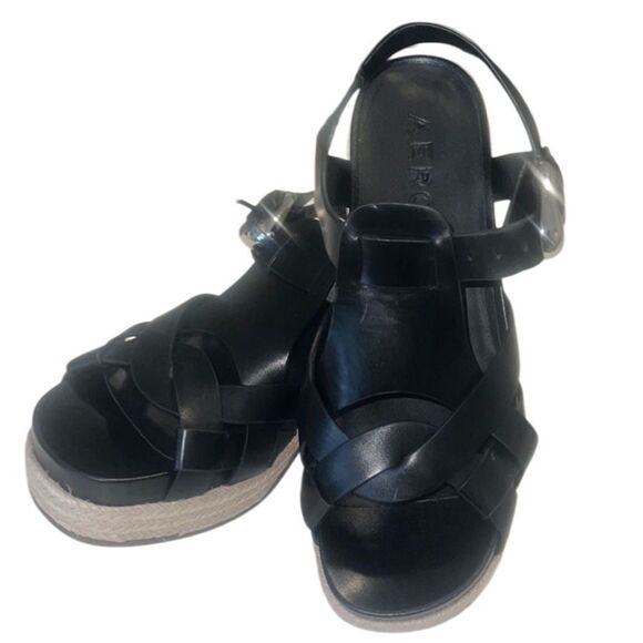 Aerosoles Chatham Black Leather Woven Block Heel Platform Sandals Size 8 - Picture 1 of 13